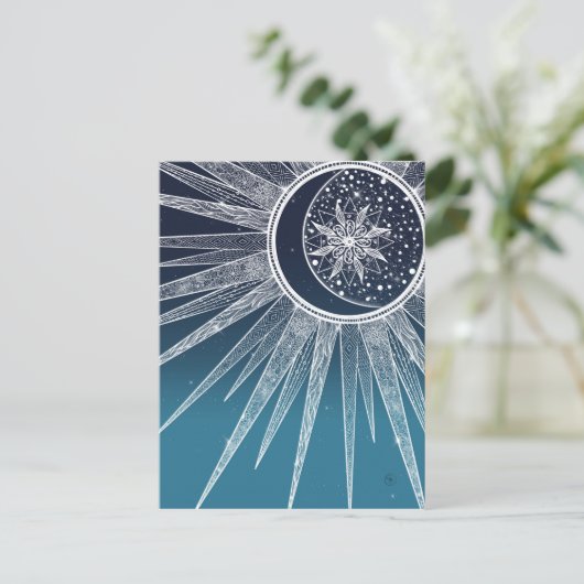 White Sun Moon Mandala Blue Gradient Design Feestdagenkaart (Staand voorkant)