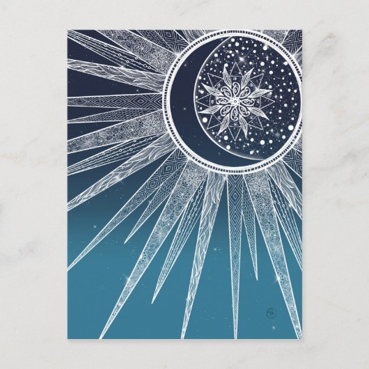 White Sun Moon Mandala Blue Gradient Design Feestdagenkaart (Voorkant)