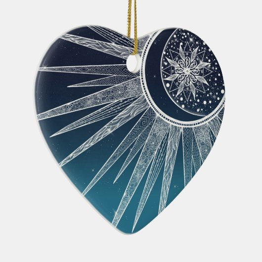 White Sun Moon Mandala Blue Gradient Design Keramisch Ornament (Rechts)