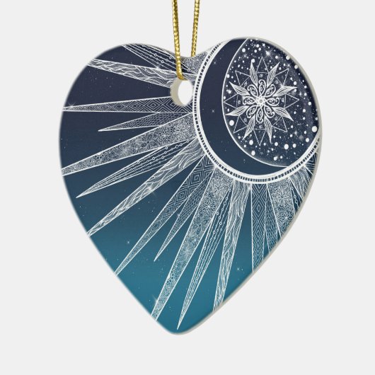 White Sun Moon Mandala Blue Gradient Design Keramisch Ornament (Links)