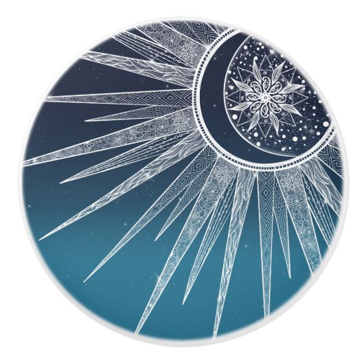 White Sun Moon Mandala Blue Gradient Design Keramische Knop (Voorkant)