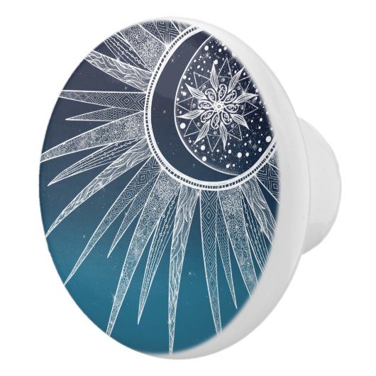 White Sun Moon Mandala Blue Gradient Design Keramische Knop (Rechts)