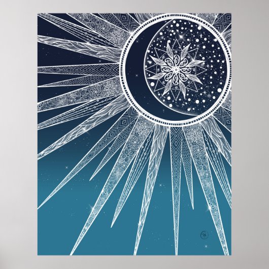 White Sun Moon Mandala Blue Gradient Design Poster (Voorkant)
