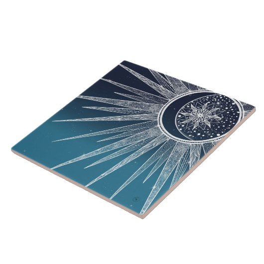 White Sun Moon Mandala Blue Gradient Design Tegeltje (Zijkant)