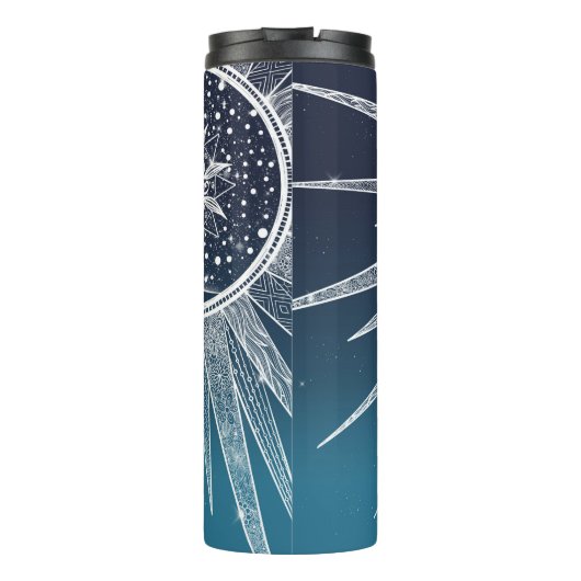 White Sun Moon Mandala Blue Gradient Design Thermosbeker (Achterkant)