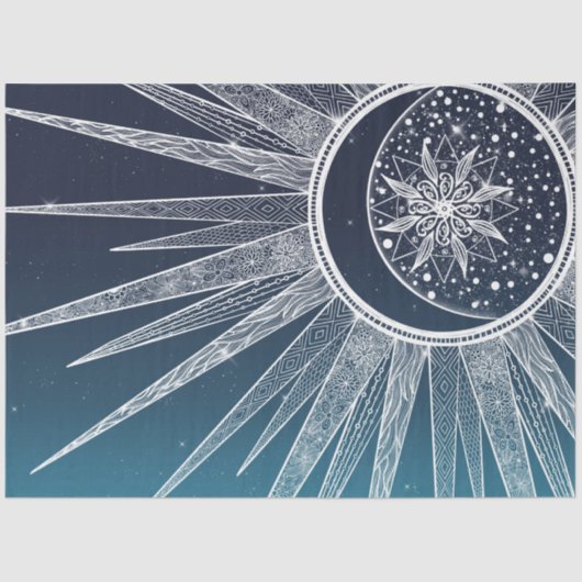 White Sun Moon Mandala Blue Gradient Design Tissuepapier (Voorkant)