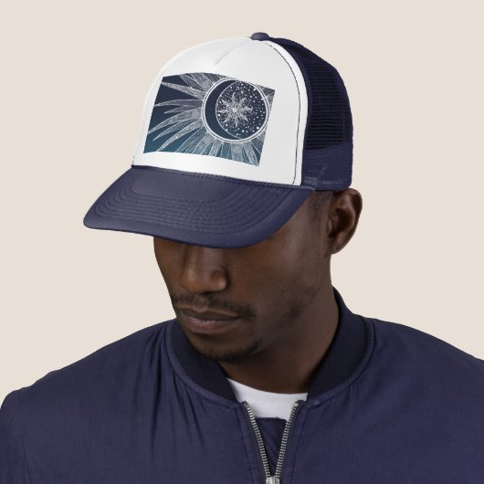 White Sun Moon Mandala Blue Gradient Design Trucker Pet (In situ)