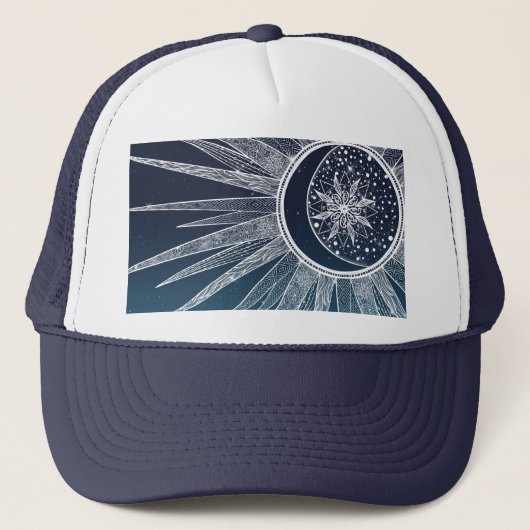 White Sun Moon Mandala Blue Gradient Design Trucker Pet (Voorkant)