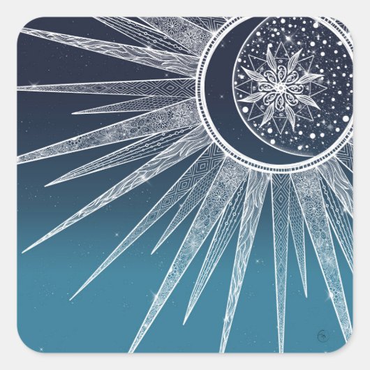 White Sun Moon Mandala Blue Gradient Design Vierkante Sticker (Voorkant)