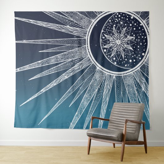 White Sun Moon Mandala Blue Gradient Design Wandkleed (In Situ (horizontaal))
