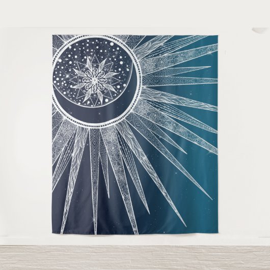 White Sun Moon Mandala Blue Gradient Design Wandkleed (Voorkant)