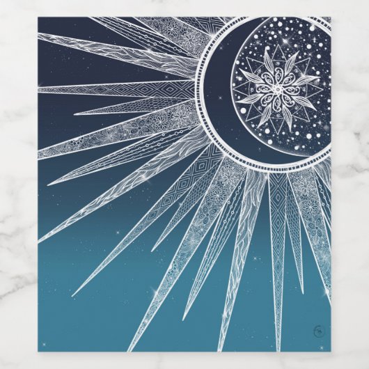 White Sun Moon Mandala Blue Gradient Design Wijn Etiket (Enkel label)