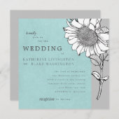 White Sunflower Grey Square Wedding Kaart (Voorkant / Achterkant)