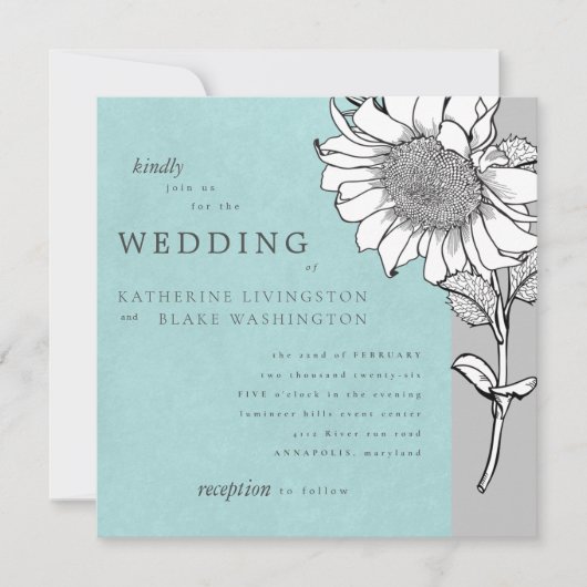 White Sunflower Grey Square Wedding Kaart (Voorkant)