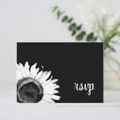 White Sunflower op Black Wedding RSVP Kaart (Staand voorkant)
