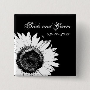 White Sunflower op Black Wedding Vierkante Button 5,1 Cm