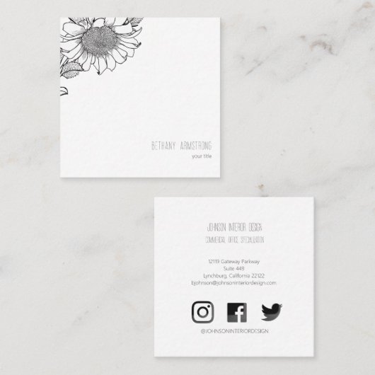 White Sunflower Simple Square Vierkante Visitekaartje (Voorkant / Achterkant)