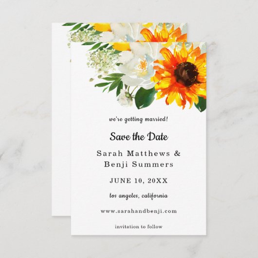 White Sunflower & White Floral Save the Date V2 (Voorkant / Achterkant)