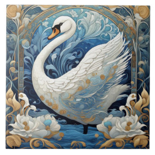 White Swan Art Nouveau Vogel Art Deco Blauw Tegeltje