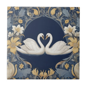 White Swan Couple William Morris stijl Donkerblauw Tegeltje