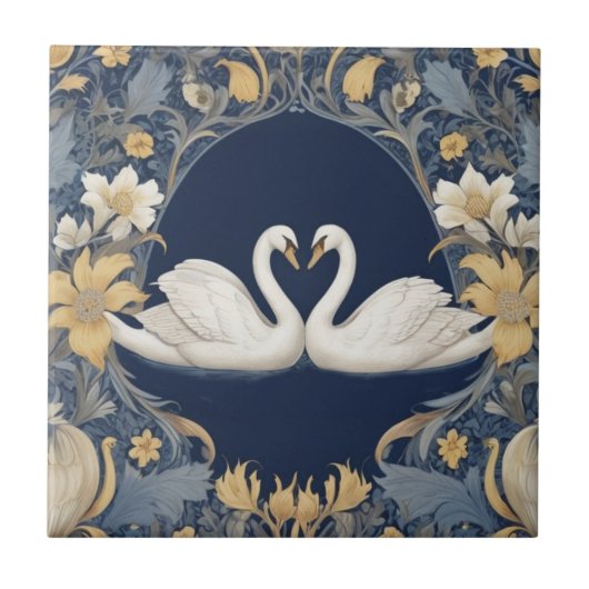 White Swan Couple William Morris stijl Donkerblauw Tegeltje (Voorkant)