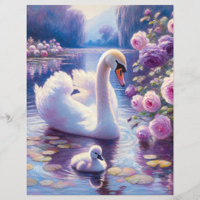 White Swan en Cygnet Paarse Rozen Scrapbook Papier (Voorkant)