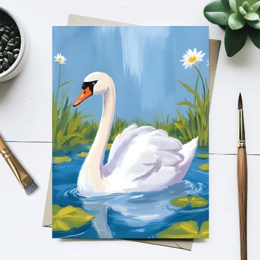 White Swan | Pond Watercolor Bird Painting Briefkaart