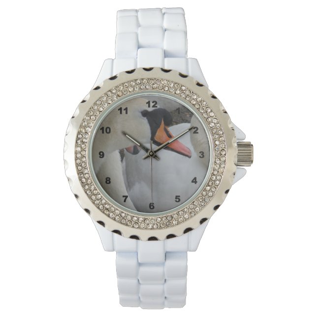 White Swan Rhinestone White Enamel Wrist Watch Horloge (Voorkant)