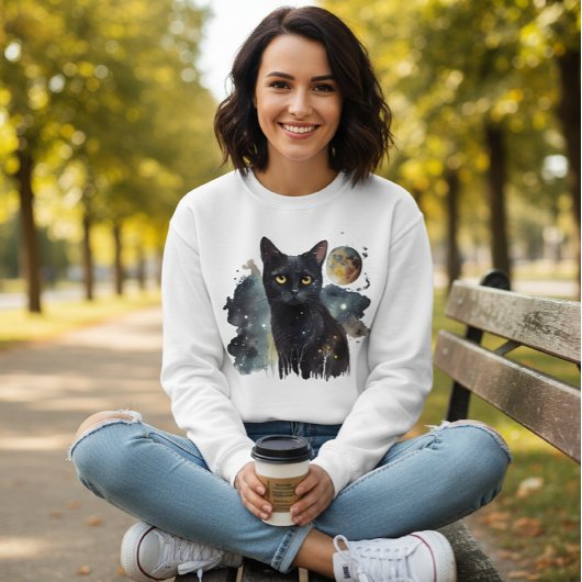 White Sweatshirt with Black Cat and Watercolor 