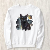 White Sweatshirt with Black Cat and Watercolor 