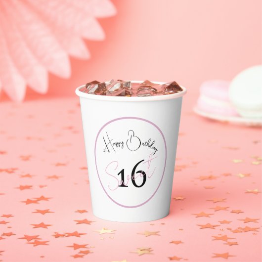 White Sweet 16 Pink & Black Script Paper cup Papieren Bekers (Insitu)