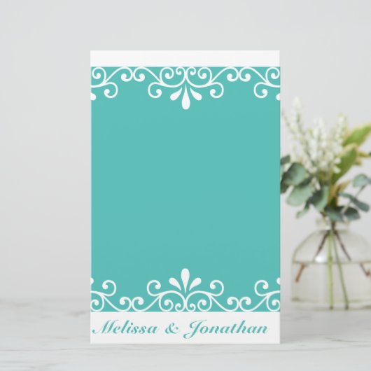 White Swirl Bride Groom Blauwgroen Elegant Wedding Briefpapier (Staand voorkant)