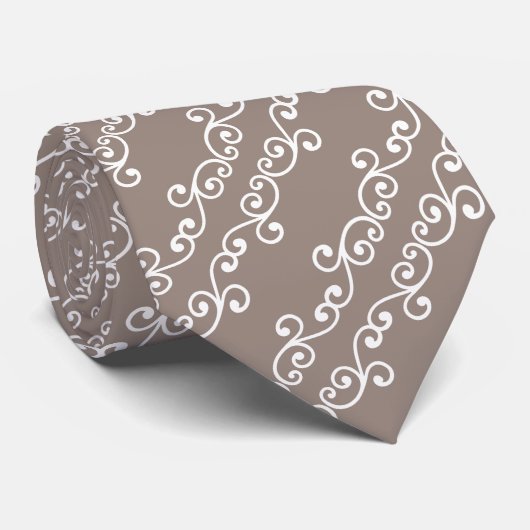 White Swirl Vector Pattern on Beige Stropdas (Opgerold)