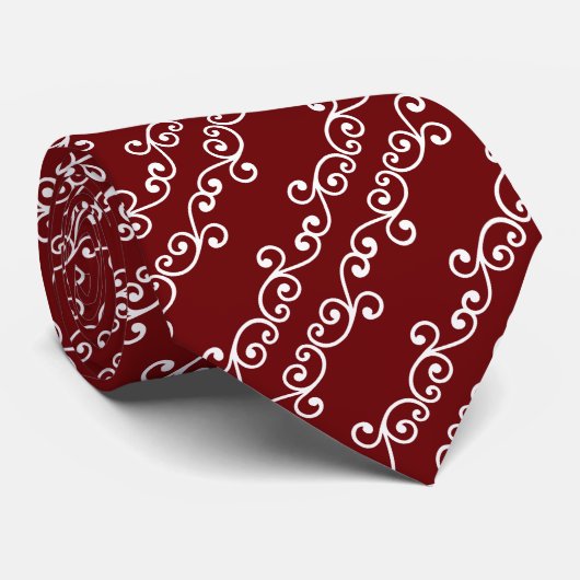 White Swirl Vector Pattern op Maroon Sierkussen Stropdas (Opgerold)