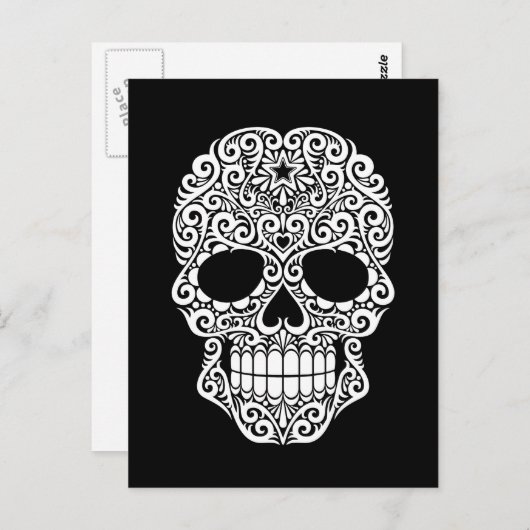 White Swirling Sugar Skull on Black Briefkaart (Voorkant / Achterkant)