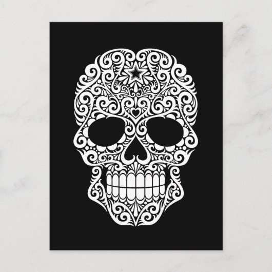 White Swirling Sugar Skull on Black Briefkaart (Voorkant)