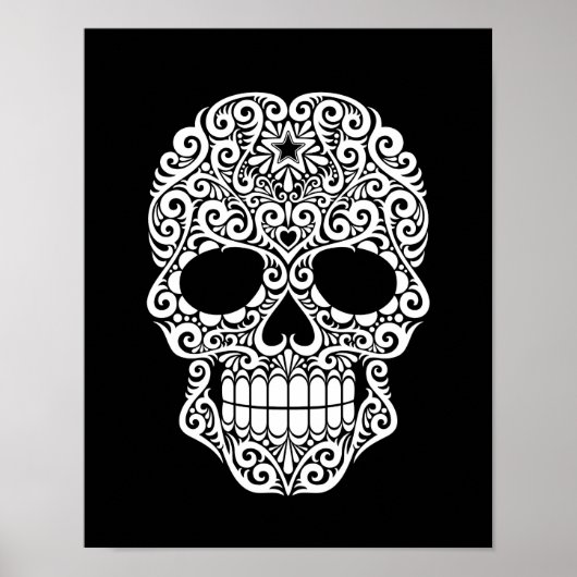 White Swirling Sugar Skull on Black Poster (Voorkant)