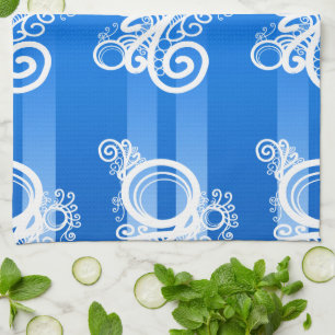 White Swirls Art Nouveau en Blue Chic Stripes Theedoek