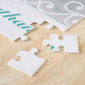 White Swirls, Blauwgroen tekstbruidebruin bruiloft Legpuzzel (Zijkant)