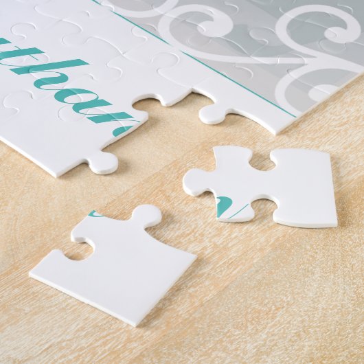 White Swirls, Blauwgroen tekstbruidebruin bruiloft Legpuzzel (Zijkant)