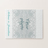 White Swirls, Blauwgroen tekstbruidebruin bruiloft Legpuzzel (Horizontaal)