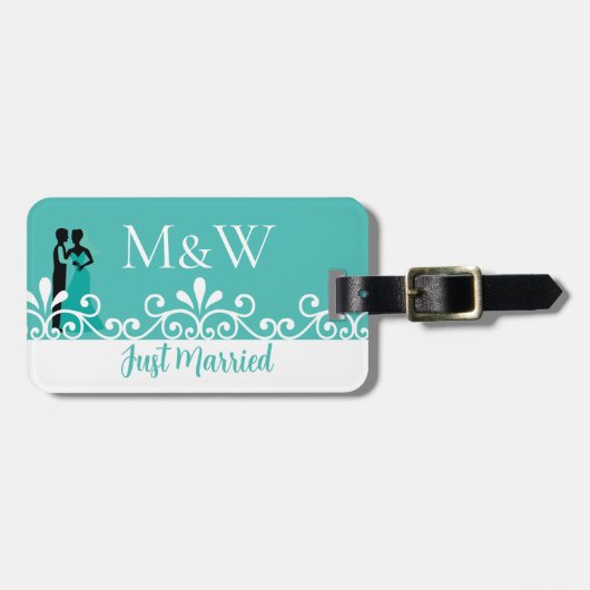White Swirls Bride Groom Blauwgroen Elegant Weddin Bagagelabel (Voorkant horizontaal)