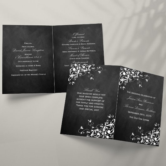 White Swirls on Chalkboard Wedding Bi-Fold Program