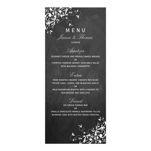 White Swirls on Chalkboard Wedding Menu (Voorkant)