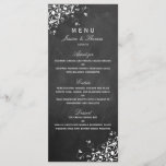 White Swirls on Chalkboard Wedding Menu<br><div class="desc">Deze elegante witte zwijn op de kaarten van het krijtbordbruiloft is perfect voor elk stel dat een romantisch en chic huwelijk plant. Deze menkkaarten kunnen voor uw speciale gelegenheid worden gepersonaliseerd en maken de perfecte accessoire voor elke bruiloft,  elk vrijgezellenfeest,  elke verlovingspartij,  elke verjaardagsfeestje en nog veel meer.</div>