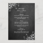 White Swirls on Chalkboard Wedding Menu<br><div class="desc">Deze elegante witte zwijn op de kaarten van het krijtbordbruiloft is perfect voor elk stel dat een romantisch en chic huwelijk plant. Deze menkkaarten kunnen voor uw speciale gelegenheid worden gepersonaliseerd en maken de perfecte accessoire voor elke bruiloft,  elk vrijgezellenfeest,  elke verlovingspartij,  elke verjaardagsfeestje en nog veel meer.</div>