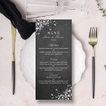 White Swirls on Chalkboard Wedding Menu<br><div class="desc">Deze elegante witte zwijn op de kaarten van het krijtbordbruiloft is perfect voor elk stel dat een romantisch en chic huwelijk plant. Deze menkkaarten kunnen voor uw speciale gelegenheid worden gepersonaliseerd en maken de perfecte accessoire voor elke bruiloft,  elk vrijgezellenfeest,  elke verlovingspartij,  elke verjaardagsfeestje en nog veel meer.</div>