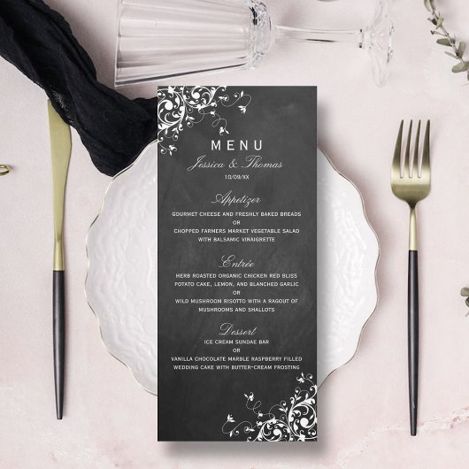 White Swirls on Chalkboard Wedding Menu