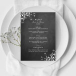 White Swirls on Chalkboard Wedding Menu<br><div class="desc">Deze elegante witte zwijn op de kaarten van het krijtbordbruiloft is perfect voor elk stel dat een romantisch en chic huwelijk plant. Deze menkkaarten kunnen voor uw speciale gelegenheid worden gepersonaliseerd en maken de perfecte accessoire voor elke bruiloft,  elk vrijgezellenfeest,  elke verlovingspartij,  elke verjaardagsfeestje en nog veel meer.</div>