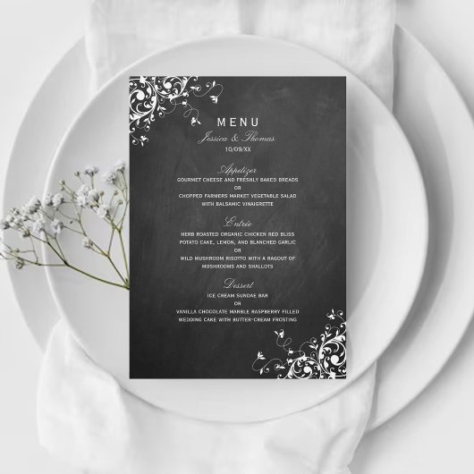 White Swirls on Chalkboard Wedding Menu